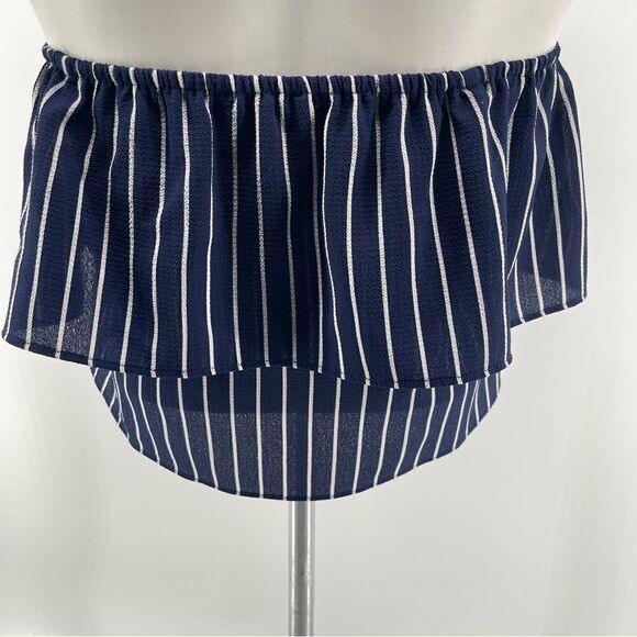 Forever 21 Women’s Navy Blue Striped Off The Shoulder Flowy Crop Top Small - Picture 7 of 12